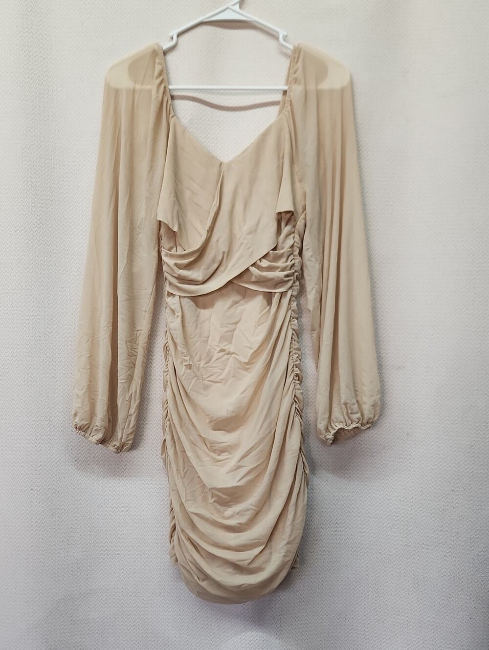 Neutral Beige Ruched Long-Sleeve Dress